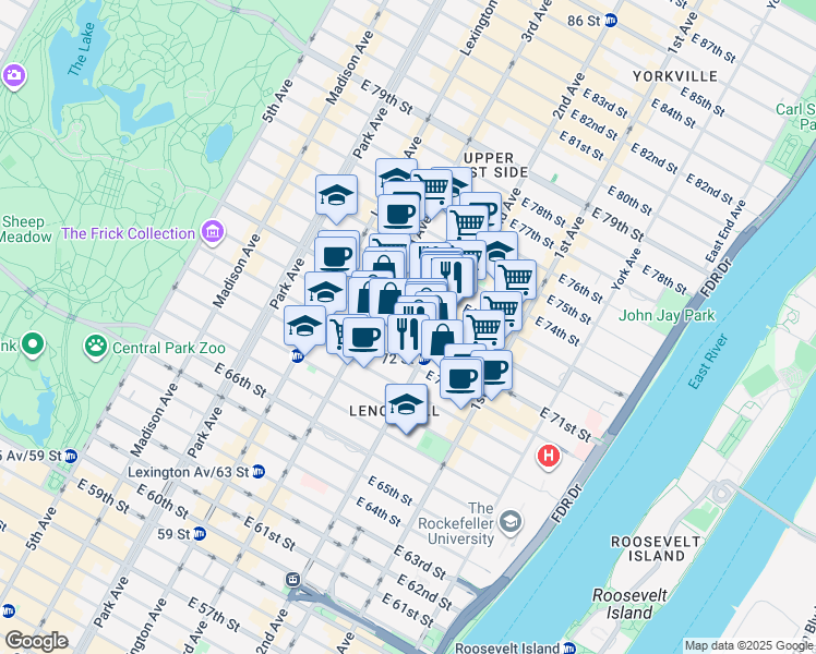 map of restaurants, bars, coffee shops, grocery stores, and more near 221 East 71st Street in New York