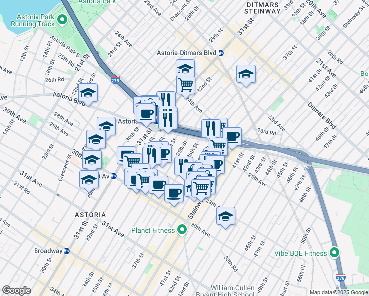 map of restaurants, bars, coffee shops, grocery stores, and more near 25-27 35th Street in Queens