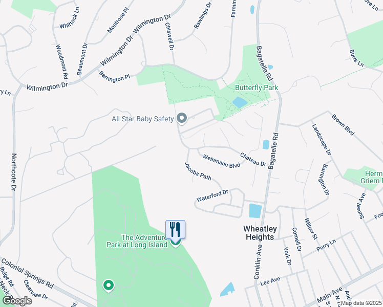 map of restaurants, bars, coffee shops, grocery stores, and more near 56 Chateau Drive in Melville