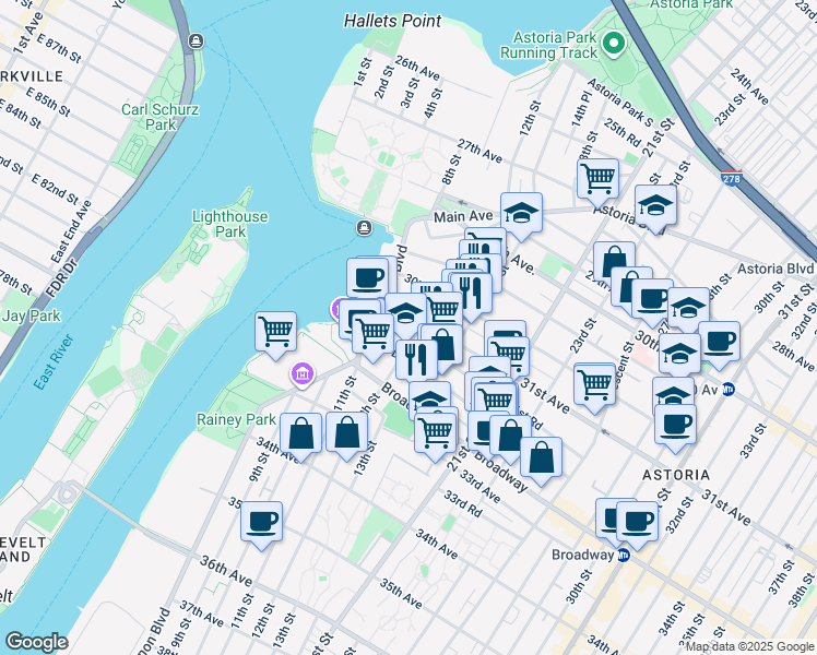 map of restaurants, bars, coffee shops, grocery stores, and more near 12-04 31st Avenue in Queens