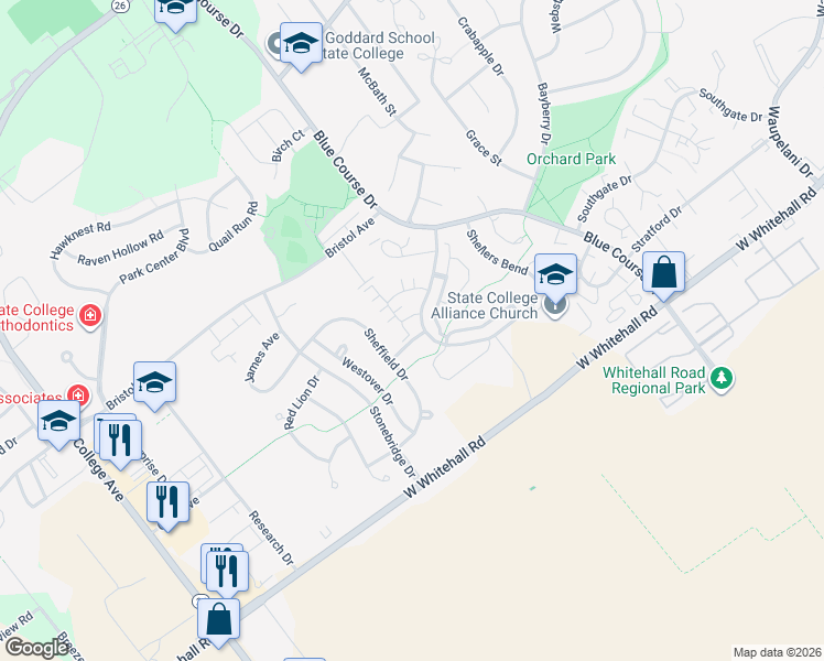 map of restaurants, bars, coffee shops, grocery stores, and more near 110 Raleigh Avenue in State College