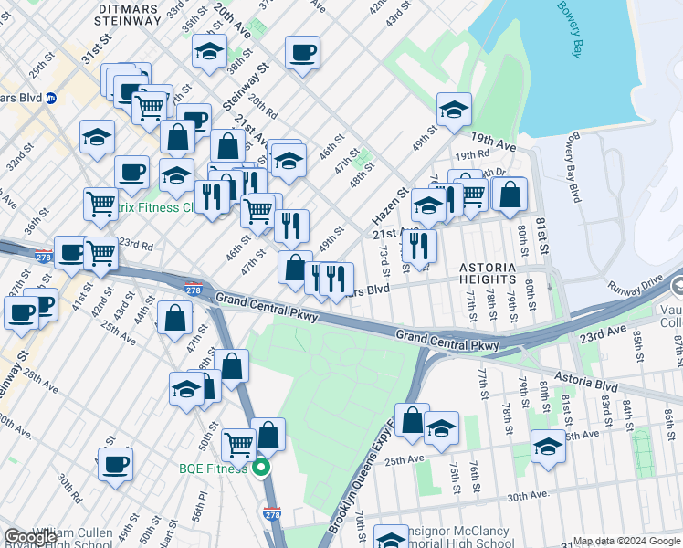 map of restaurants, bars, coffee shops, grocery stores, and more near 21-38 71st Street in Queens