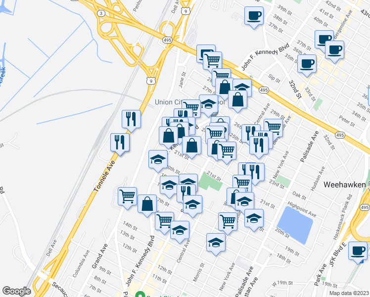 map of restaurants, bars, coffee shops, grocery stores, and more near 915 22nd Street in Union City