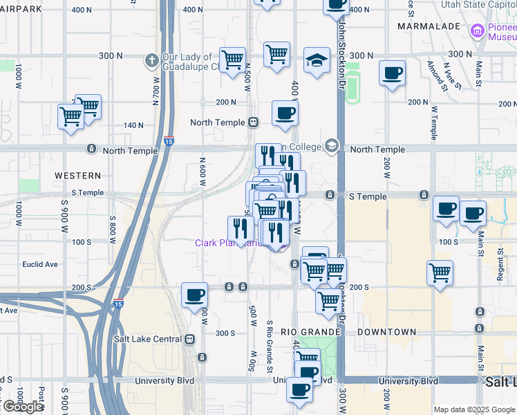 map of restaurants, bars, coffee shops, grocery stores, and more near 55 South 500 West in Salt Lake City