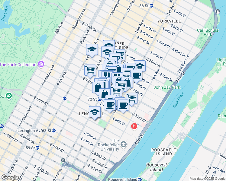 map of restaurants, bars, coffee shops, grocery stores, and more near 1400 2nd Avenue in New York
