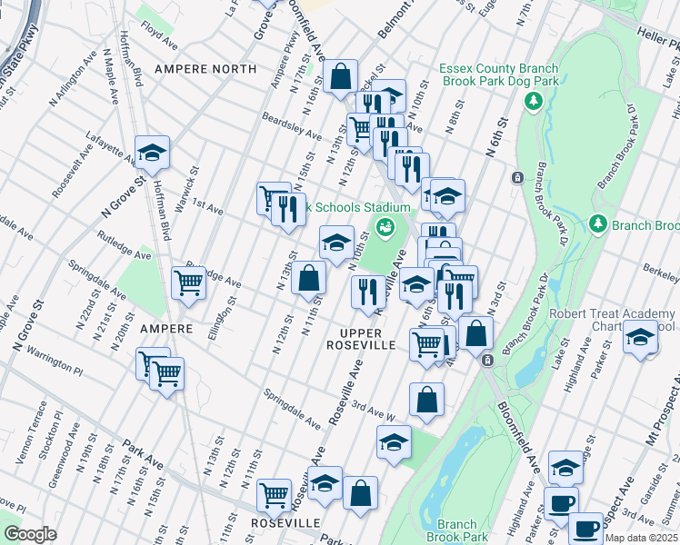 map of restaurants, bars, coffee shops, grocery stores, and more near 284 1st Avenue in Newark
