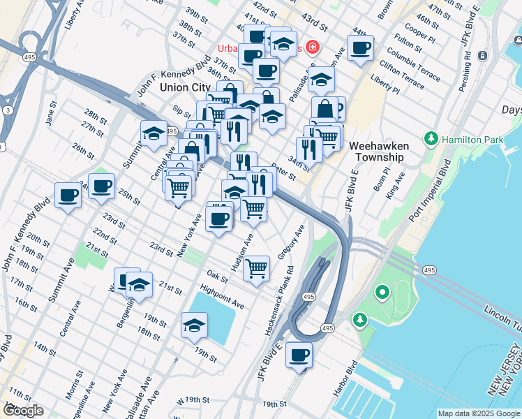 map of restaurants, bars, coffee shops, grocery stores, and more near 562 Hudson Avenue in Weehawken