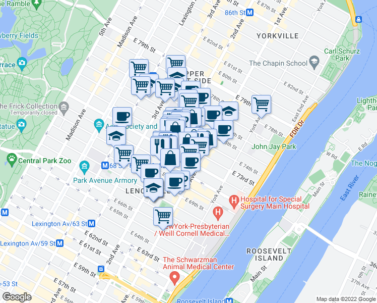 map of restaurants, bars, coffee shops, grocery stores, and more near 1400 2nd Avenue in New York