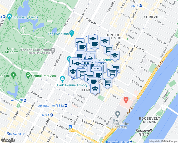 map of restaurants, bars, coffee shops, grocery stores, and more near 202 East 71st Street in New York