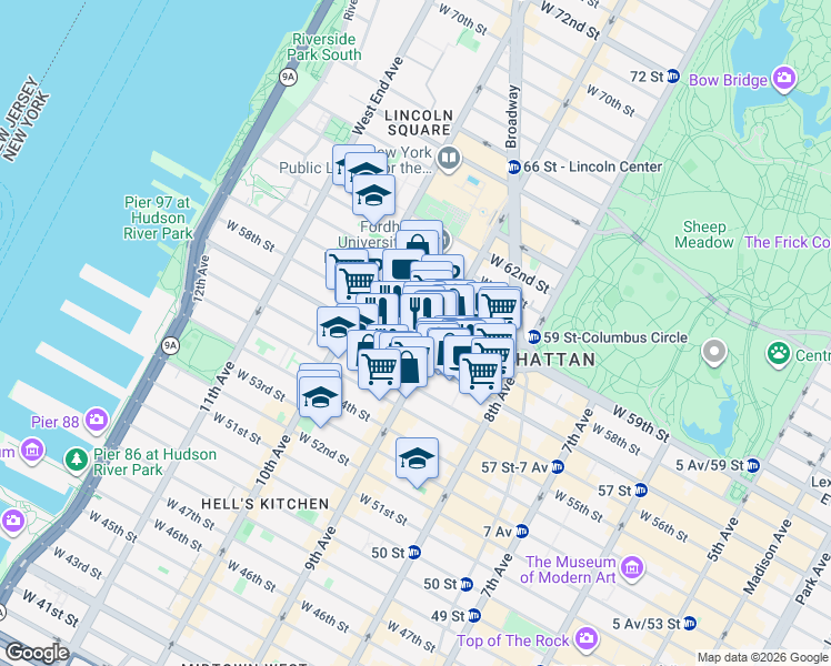 map of restaurants, bars, coffee shops, grocery stores, and more near 410 West 58th Street in New York