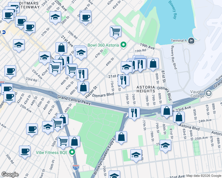 map of restaurants, bars, coffee shops, grocery stores, and more near 73-05 Ditmars Boulevard in Queens