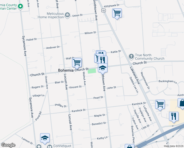 map of restaurants, bars, coffee shops, grocery stores, and more near 925 Liberty Street in Bohemia