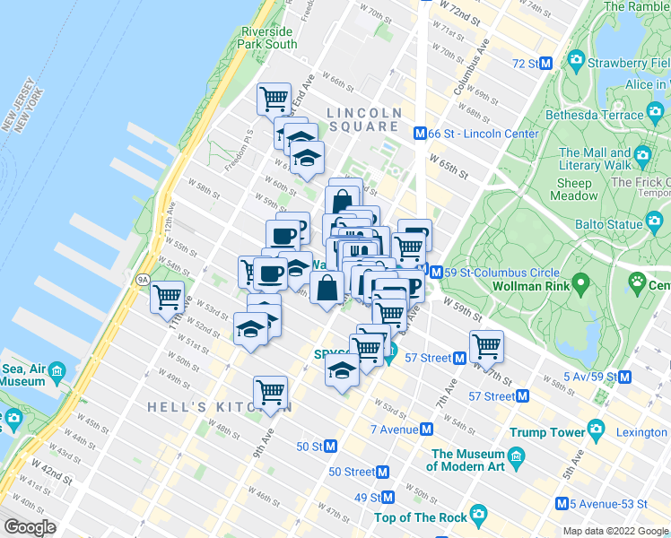 map of restaurants, bars, coffee shops, grocery stores, and more near in New York