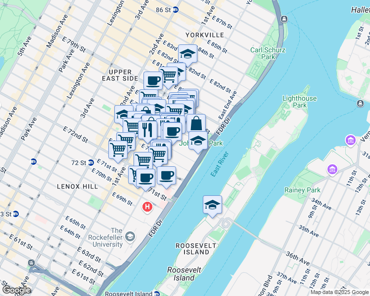 map of restaurants, bars, coffee shops, grocery stores, and more near 507 East 75th Street in New York