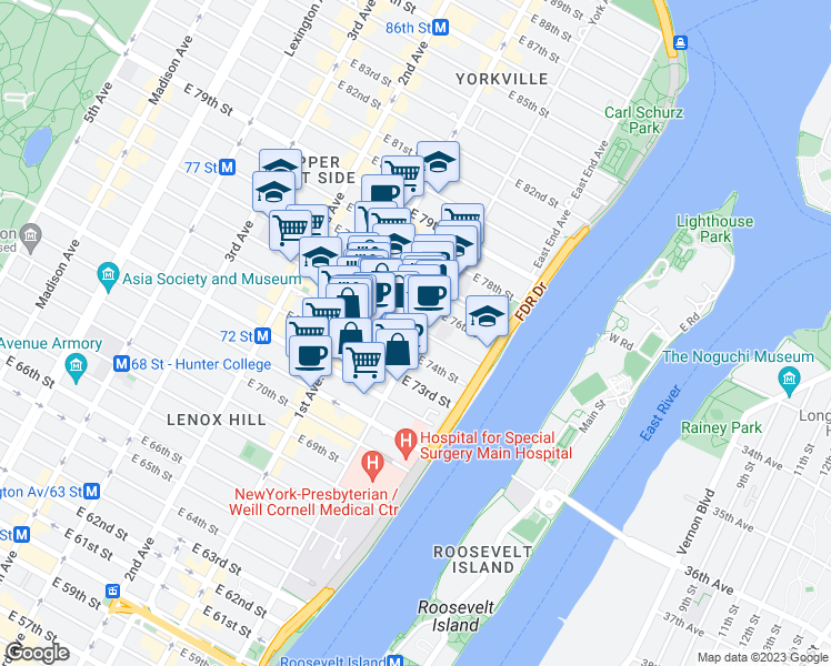 map of restaurants, bars, coffee shops, grocery stores, and more near in New York