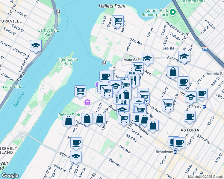 map of restaurants, bars, coffee shops, grocery stores, and more near 11-21 31st Drive in Queens