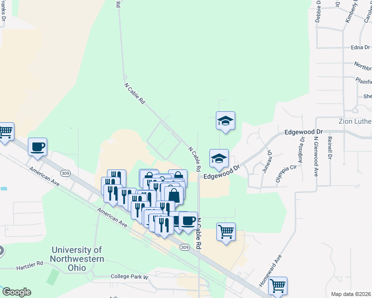 map of restaurants, bars, coffee shops, grocery stores, and more near 2251 North Cable Road in Elida