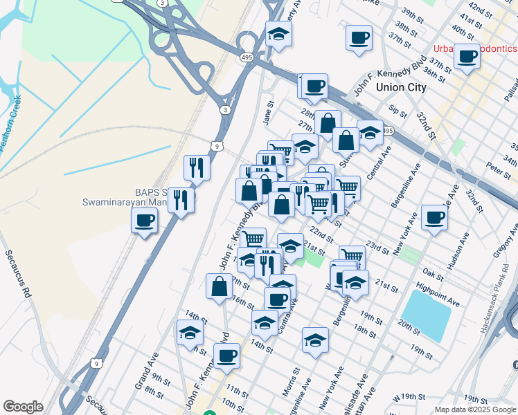 map of restaurants, bars, coffee shops, grocery stores, and more near 2106 John F. Kennedy Boulevard in Union City