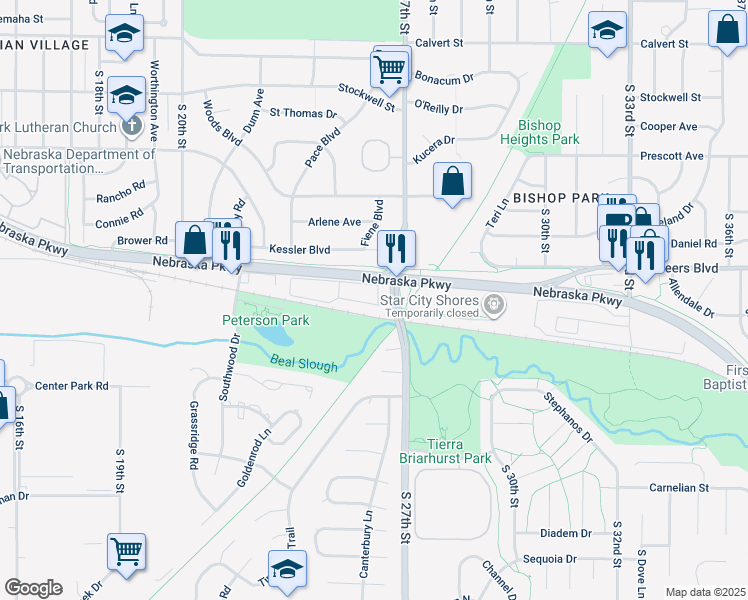 map of restaurants, bars, coffee shops, grocery stores, and more near Southwood Village in Lincoln