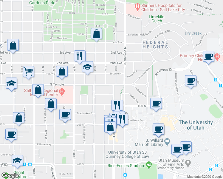 map of restaurants, bars, coffee shops, grocery stores, and more near 48 South 1300 East in Salt Lake City