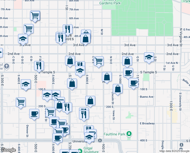 map of restaurants, bars, coffee shops, grocery stores, and more near 777 South Temple in Salt Lake City