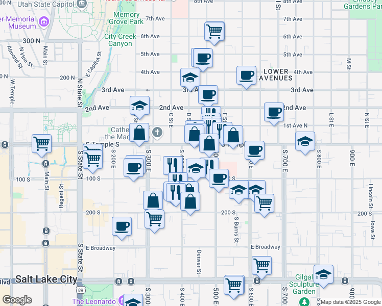 map of restaurants, bars, coffee shops, grocery stores, and more near 420 East South Temple in Salt Lake City