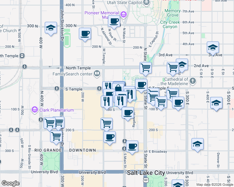 map of restaurants, bars, coffee shops, grocery stores, and more near 50 South Main Street in Salt Lake City