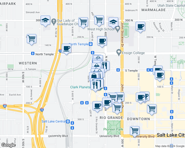 map of restaurants, bars, coffee shops, grocery stores, and more near 34 South Rio Grande Street in Salt Lake City