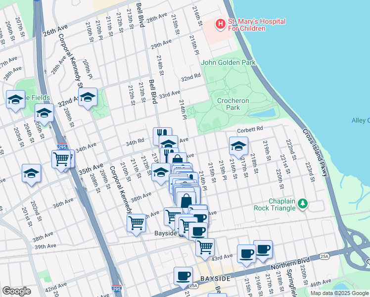 map of restaurants, bars, coffee shops, grocery stores, and more near 214-03 36th Avenue in Queens