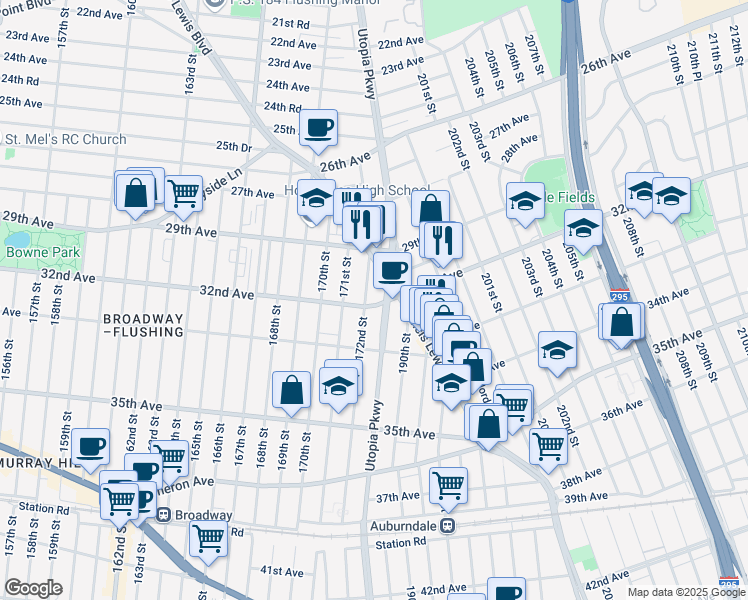 map of restaurants, bars, coffee shops, grocery stores, and more near in Queens
