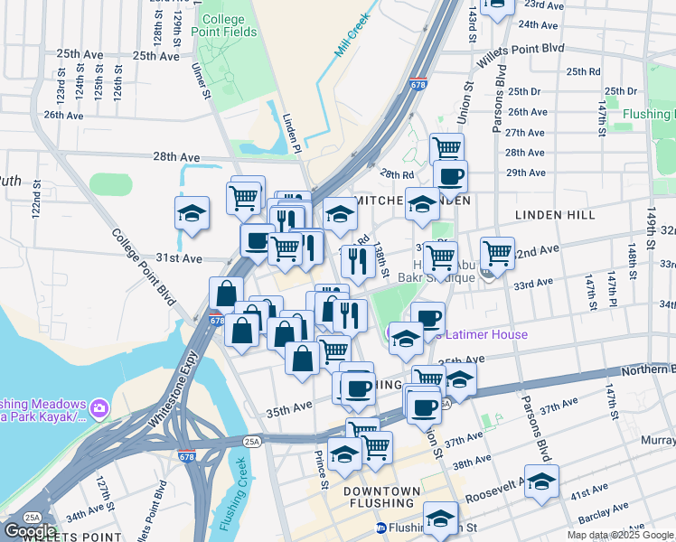 map of restaurants, bars, coffee shops, grocery stores, and more near 31-36 137th Street in Queens