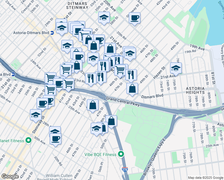 map of restaurants, bars, coffee shops, grocery stores, and more near 22-64 47th Street in Queens