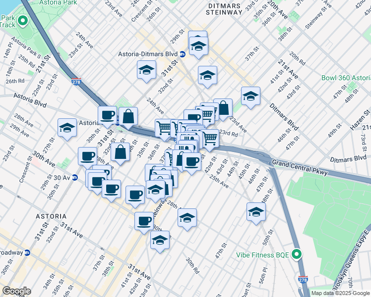 map of restaurants, bars, coffee shops, grocery stores, and more near 2512 Steinway Street in Queens