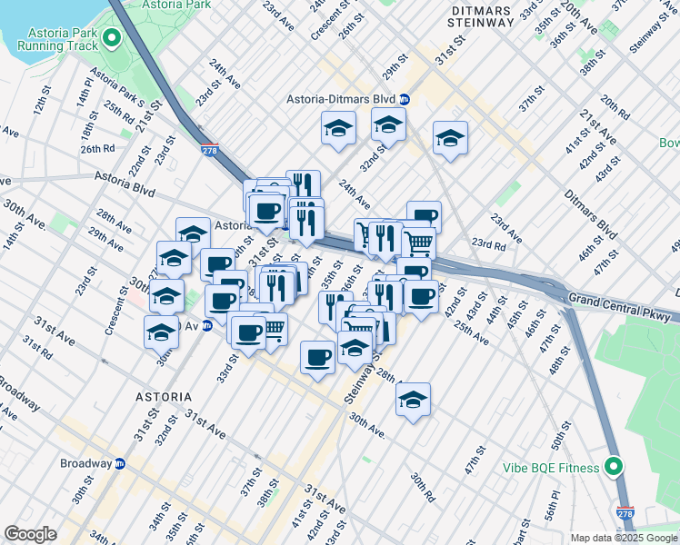 map of restaurants, bars, coffee shops, grocery stores, and more near 25-37 35th Street in Queens