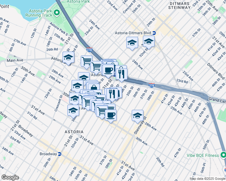 map of restaurants, bars, coffee shops, grocery stores, and more near 25-55 32nd Street in Queens