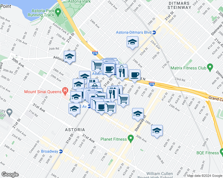map of restaurants, bars, coffee shops, grocery stores, and more near 25-55 32nd Street in Queens