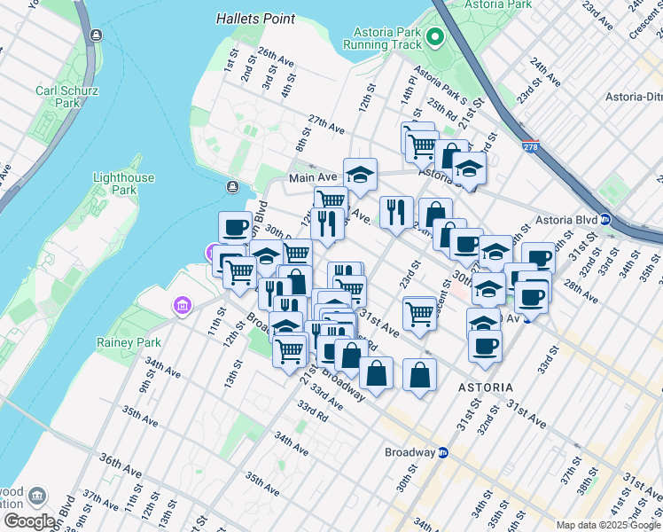 map of restaurants, bars, coffee shops, grocery stores, and more near 14-28 30th Drive in Queens