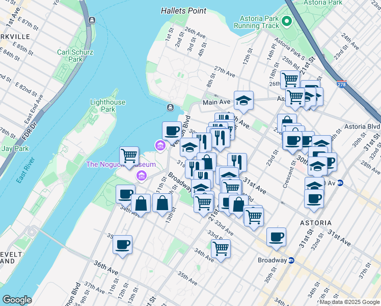 map of restaurants, bars, coffee shops, grocery stores, and more near 12-04 31st Avenue in Queens