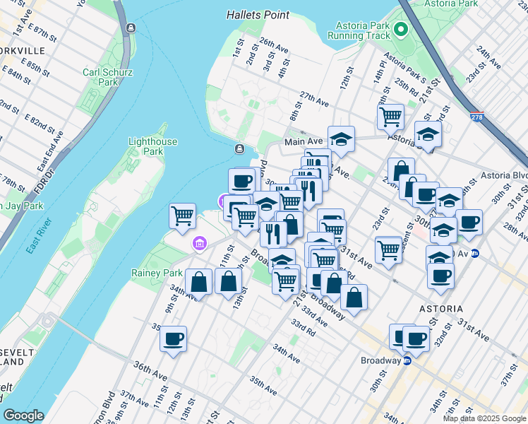 map of restaurants, bars, coffee shops, grocery stores, and more near 12-04 31st Avenue in Queens