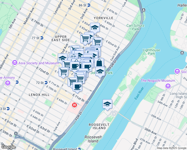 map of restaurants, bars, coffee shops, grocery stores, and more near 507 East 75th Street in New York