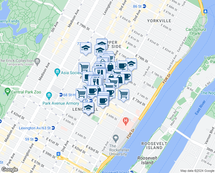 map of restaurants, bars, coffee shops, grocery stores, and more near 1400 2nd Avenue in New York