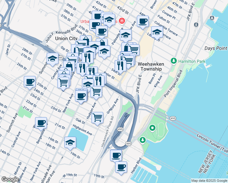 map of restaurants, bars, coffee shops, grocery stores, and more near 106 33rd Street in Union City