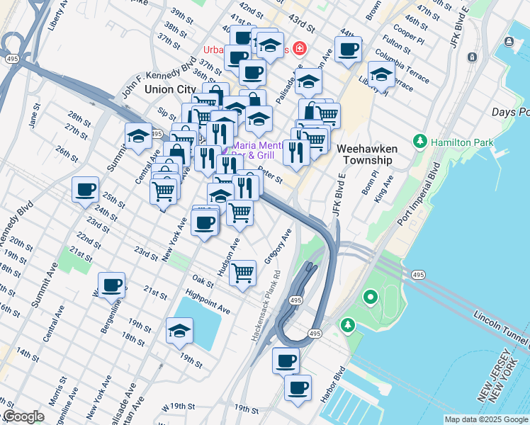 map of restaurants, bars, coffee shops, grocery stores, and more near 106 33rd Street in Union City