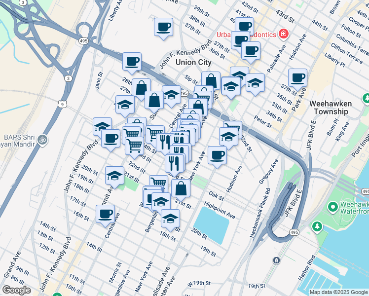 map of restaurants, bars, coffee shops, grocery stores, and more near 508 25th Street in Union City