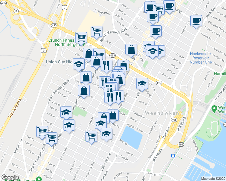 map of restaurants, bars, coffee shops, grocery stores, and more near 508 25th Street in Union City