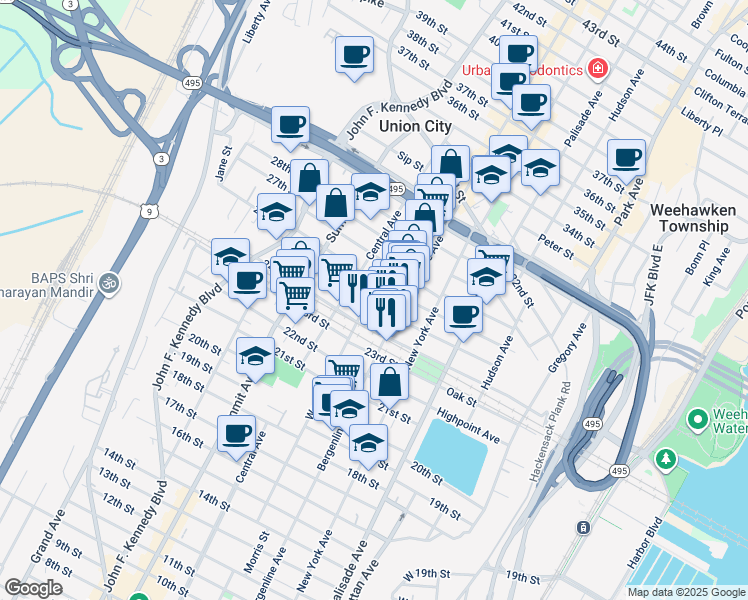 map of restaurants, bars, coffee shops, grocery stores, and more near 508 25th Street in Union City