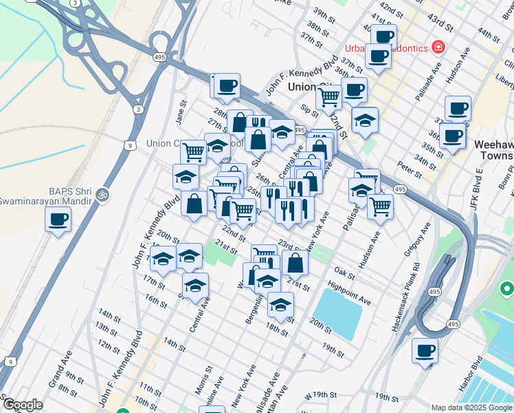 map of restaurants, bars, coffee shops, grocery stores, and more near 608 24th Street in Union City