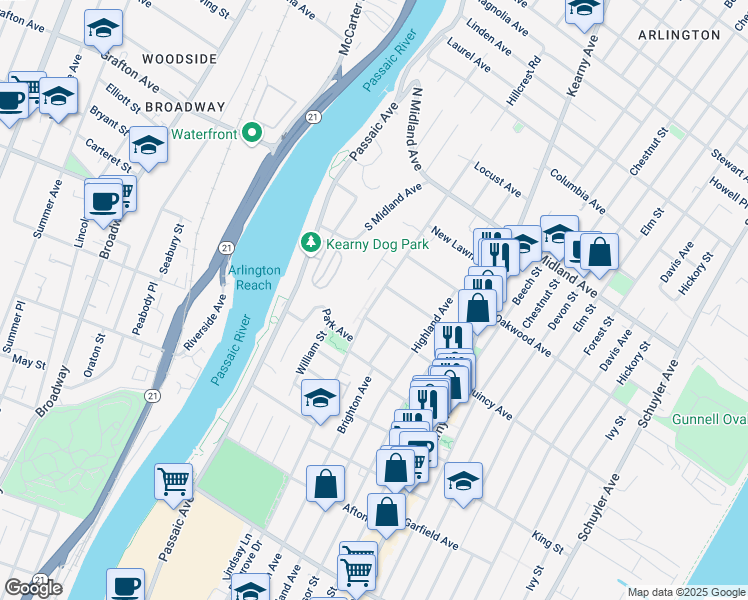 map of restaurants, bars, coffee shops, grocery stores, and more near 502 Belgrove Drive in Kearny