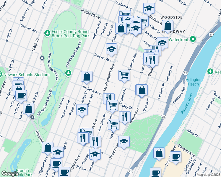 map of restaurants, bars, coffee shops, grocery stores, and more near 491 Mount Prospect Avenue in Newark
