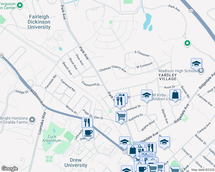 map of restaurants, bars, coffee shops, grocery stores, and more near 136 County Route 623 in Madison